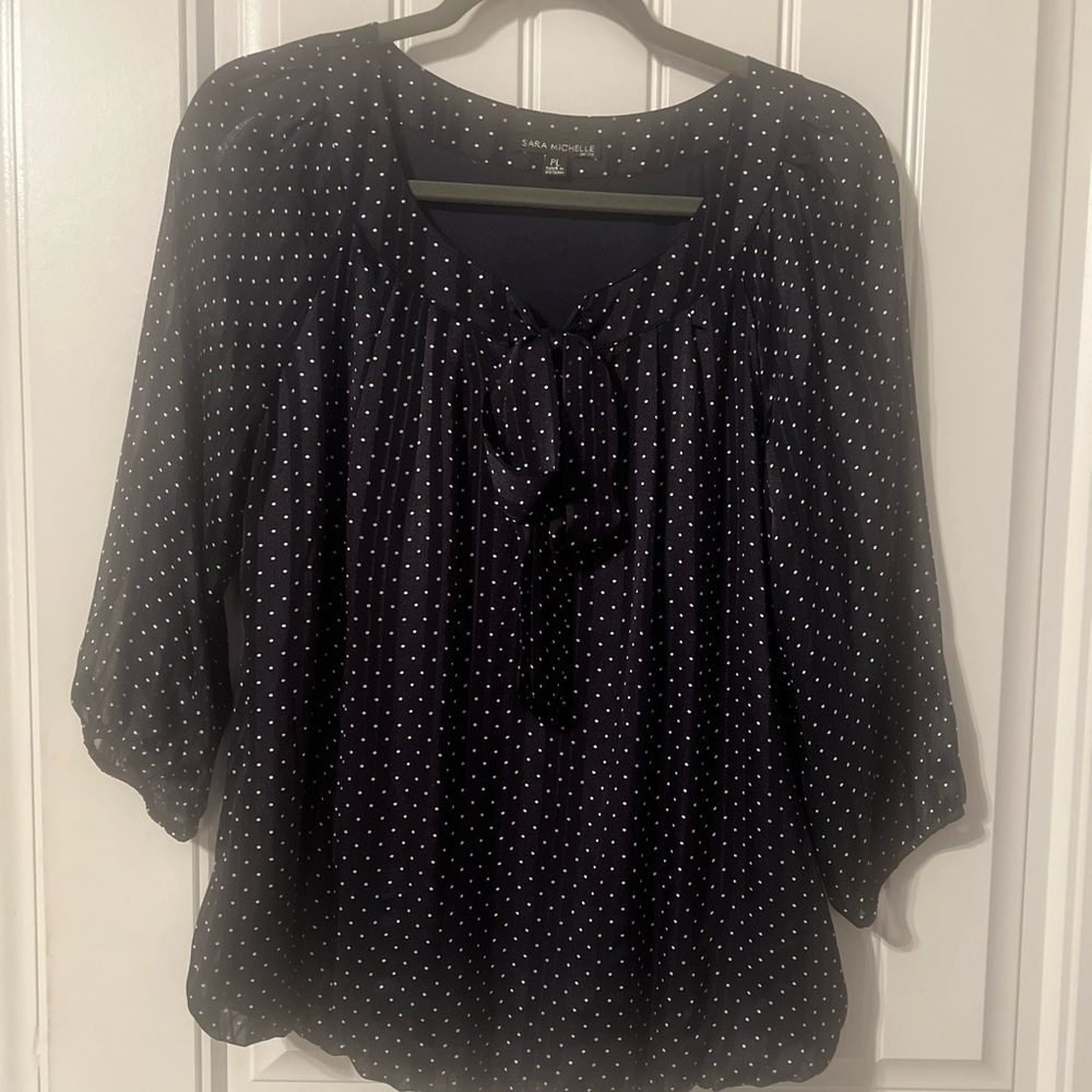 Sara Michelle Pleated Look Blouse, Black & White Dot, Size Petite Large